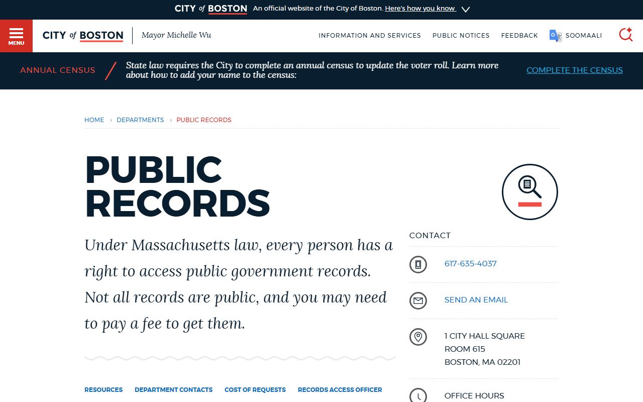 Boston Public Records Department page for booking report requests