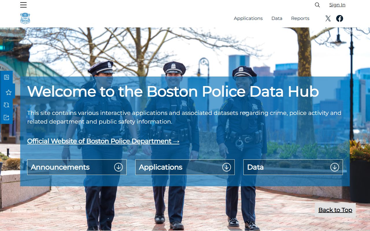 Boston PD Crime Hub showing booking and arrest data for Boston