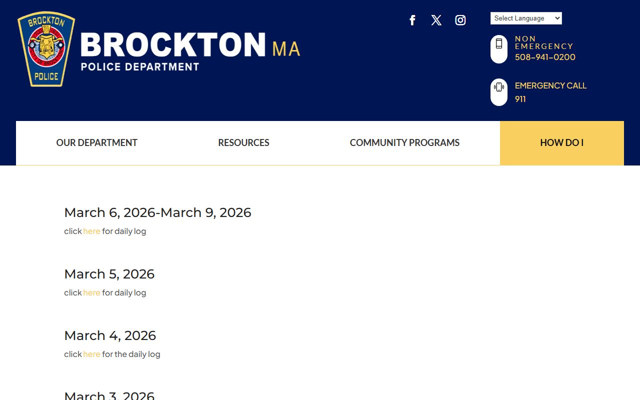Brockton Police log archives showing booking reports and arrest data