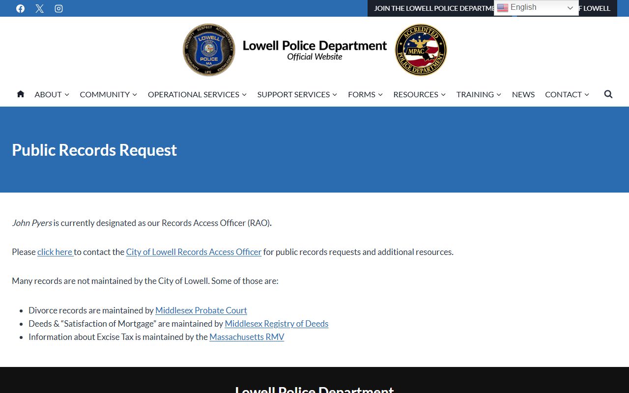 Lowell Police Department public records request page for booking reports
