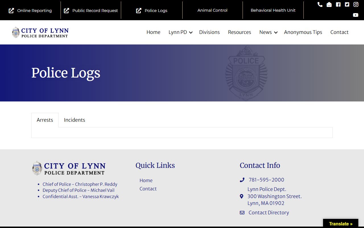 Lynn Police log archives with booking reports and arrest entries