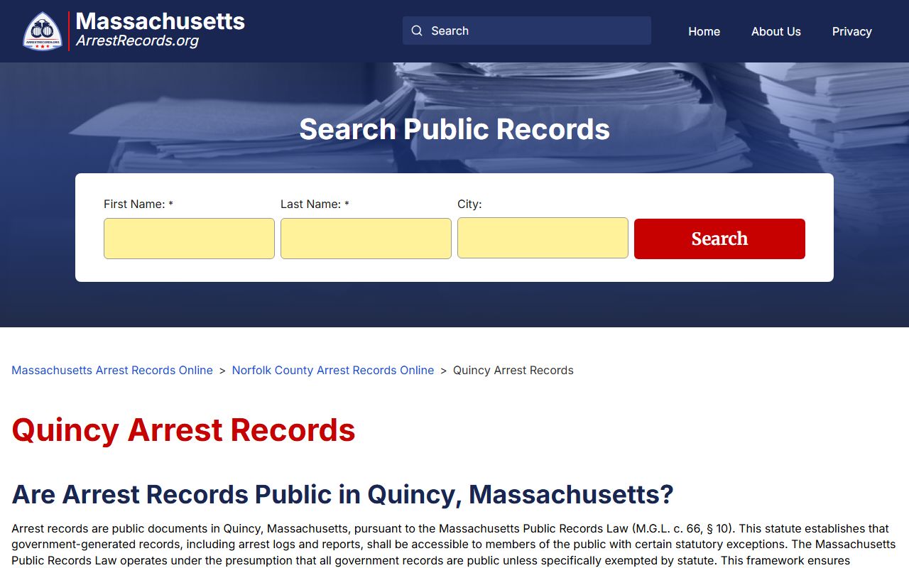 Quincy Police booking reports search portal for Quincy arrest records