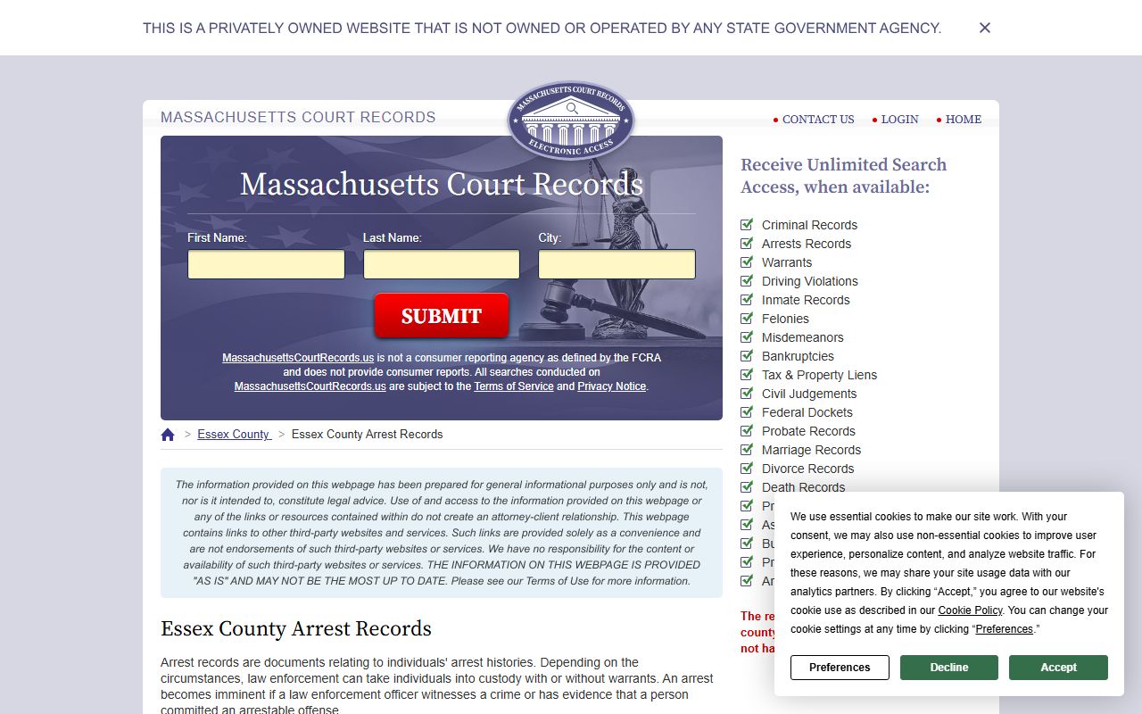 Essex County arrest records search for booking reports
