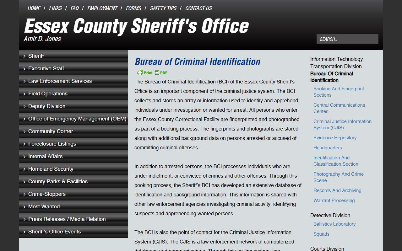 Essex County Bureau of Criminal Identification booking reports page