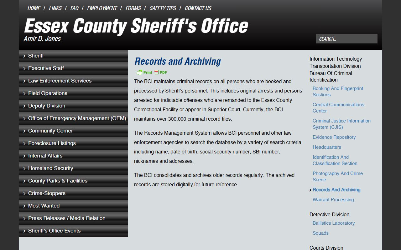 Essex County Sheriff Records and Archiving section for booking reports