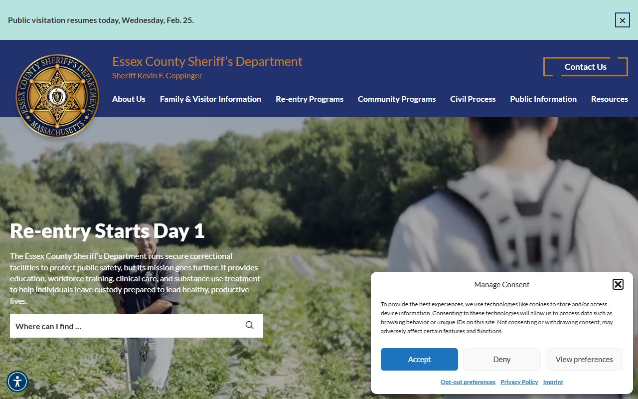 Essex County Sheriff Department homepage for booking reports