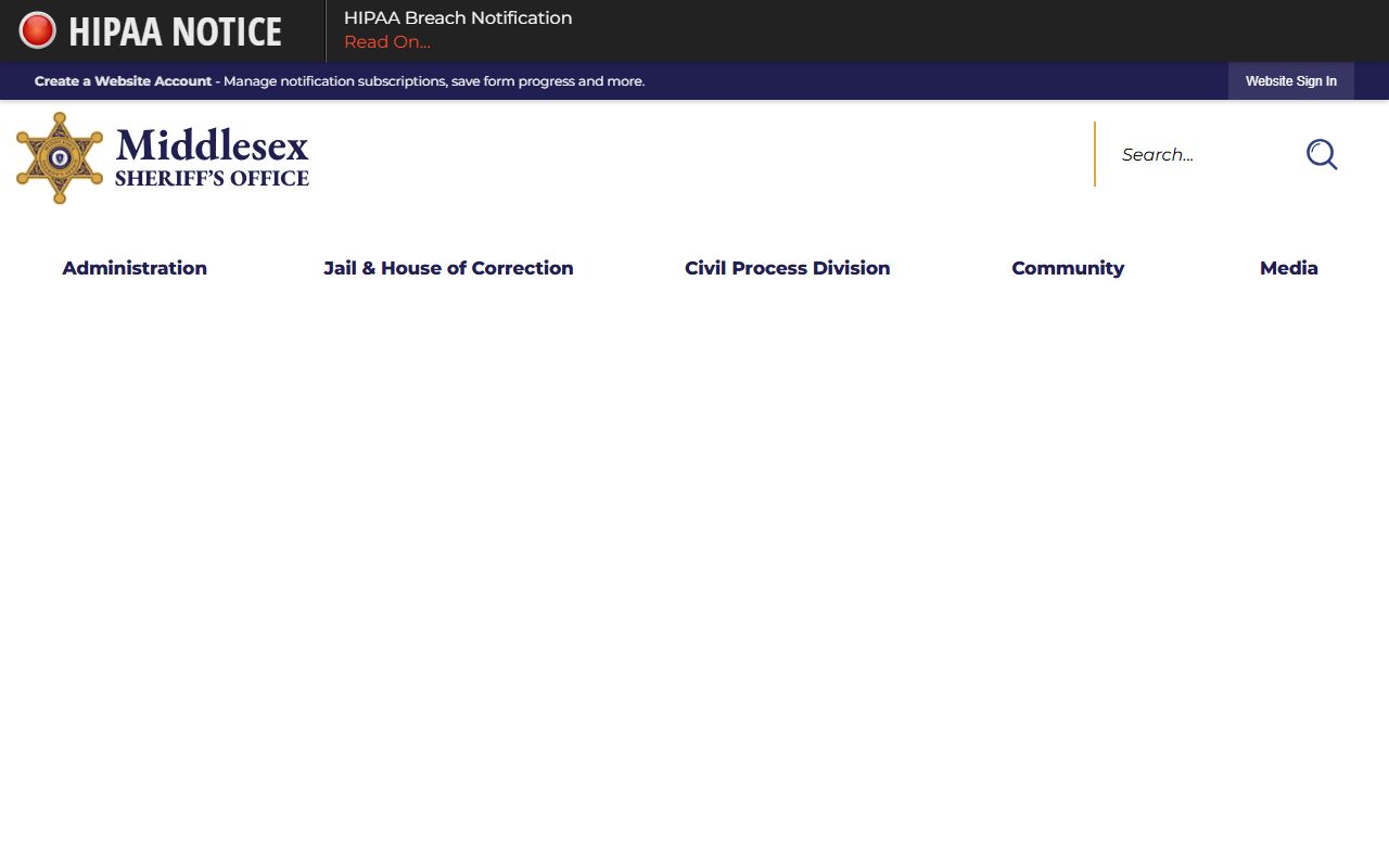 Middlesex County Sheriff's Office homepage for booking reports
