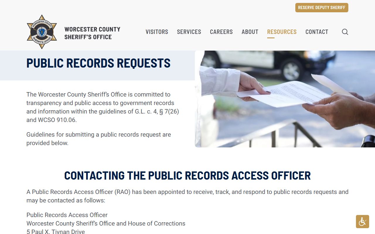 Worcester County Sheriff public records request page for booking reports