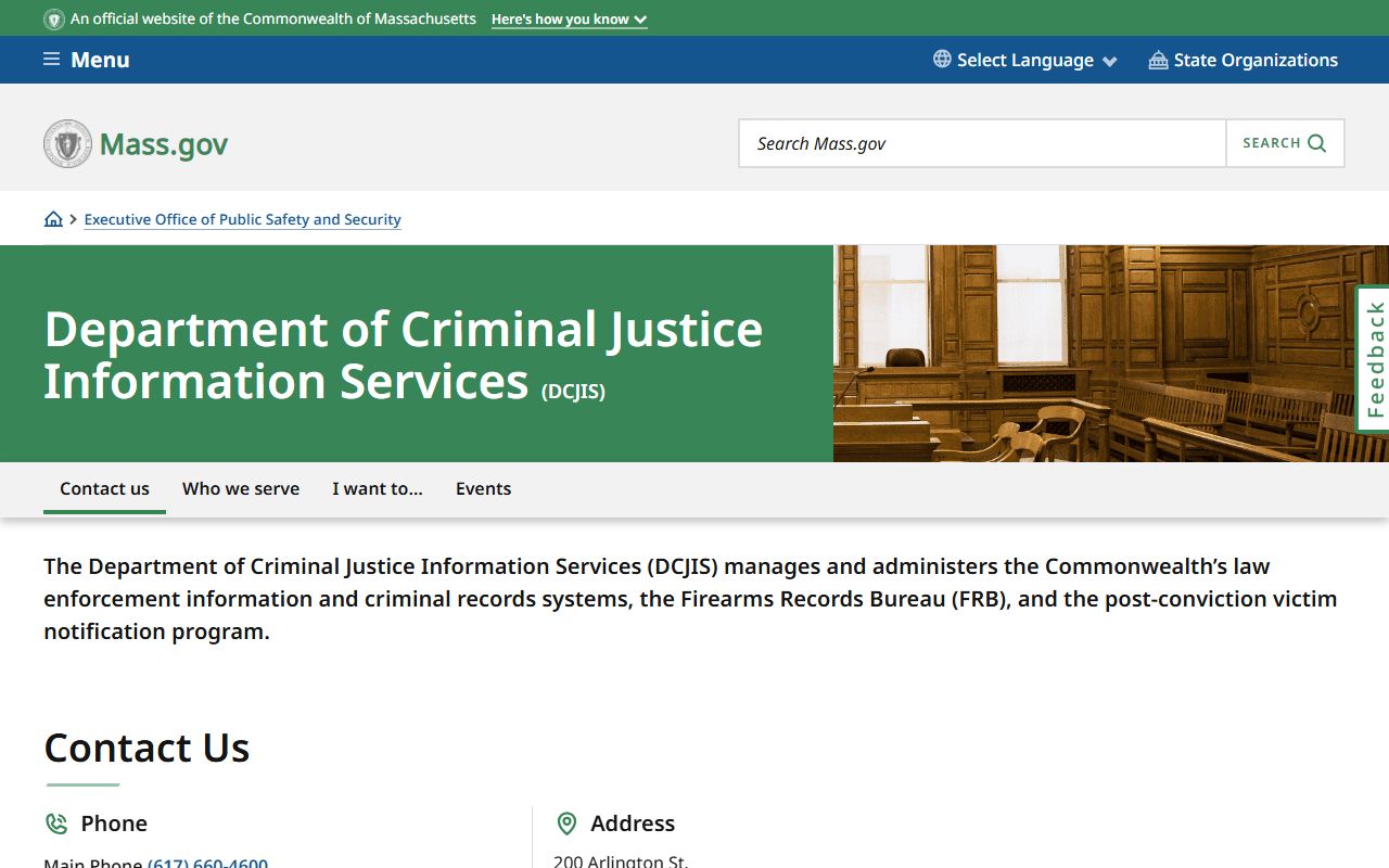 Massachusetts DCJIS homepage for booking reports and criminal records