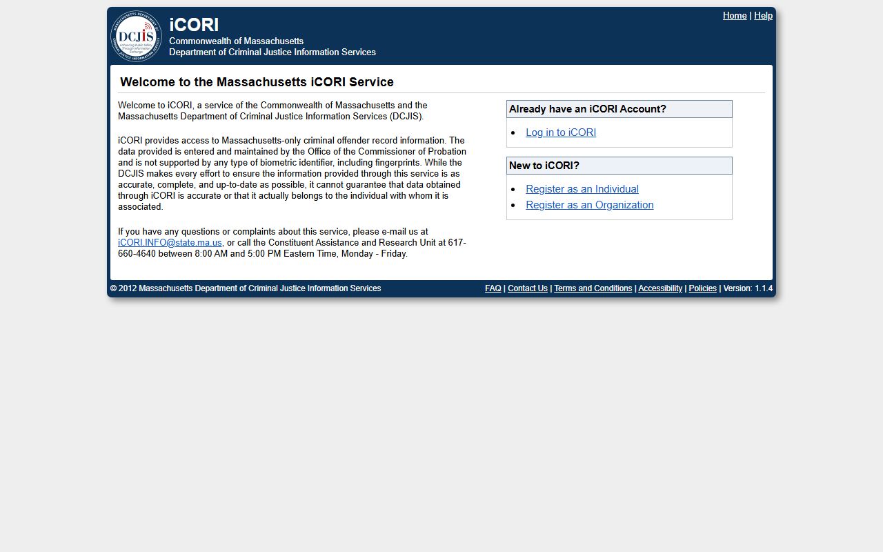 Massachusetts iCORI login page for booking reports and criminal record searches